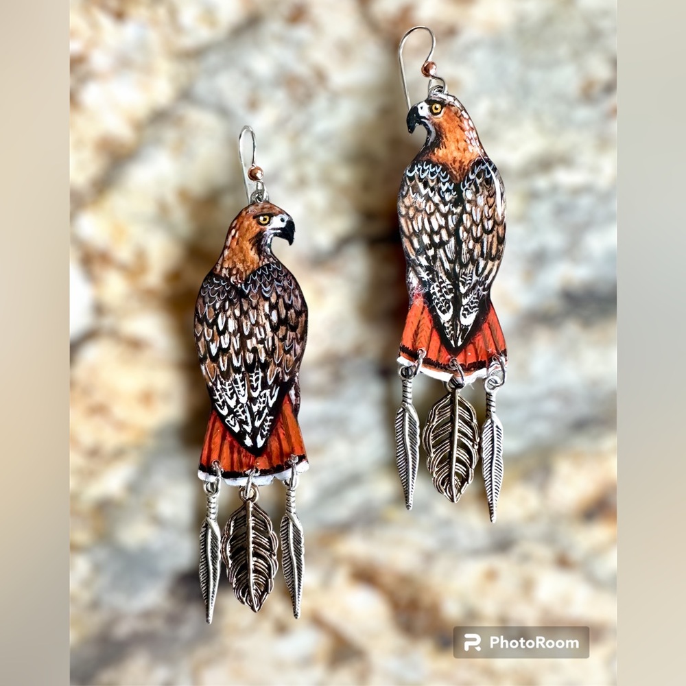 All handpainted red tail hawk earrings OOAK eagles bird of prey original unique